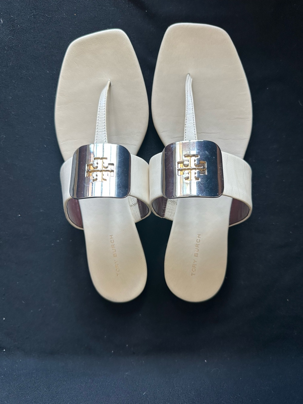 Tory Burch Georgia Ivory Leather Logo Thong Sandals with Gold Accent 8.5 square - Picture 6 of 14